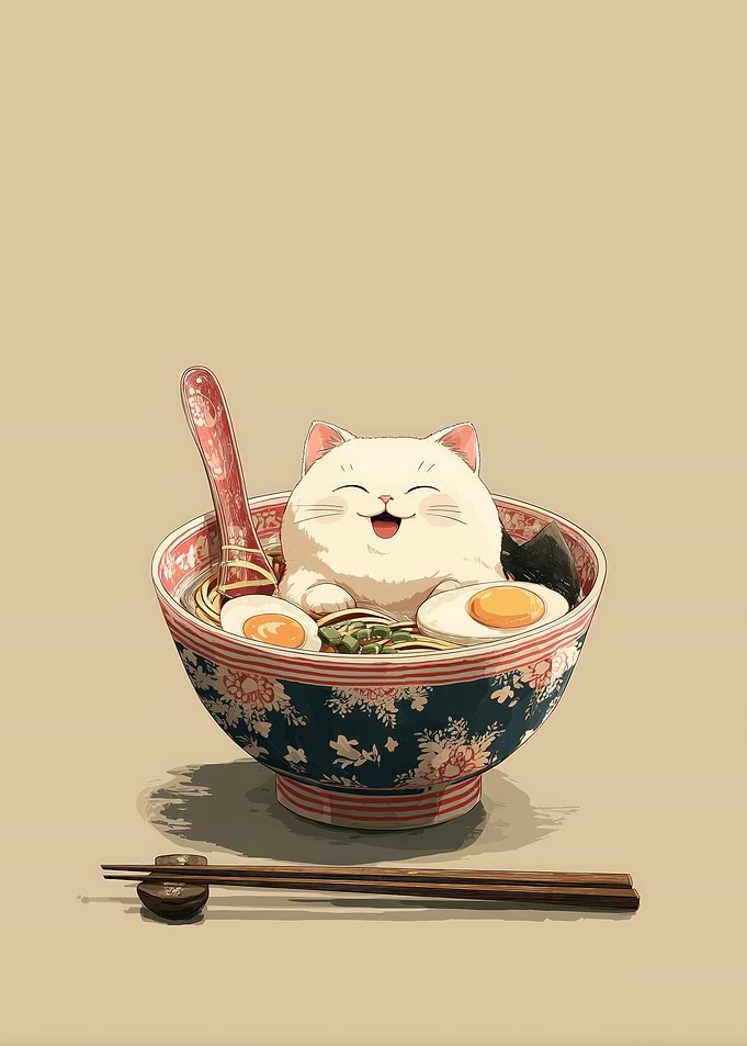 Cat in Ramen Bowl