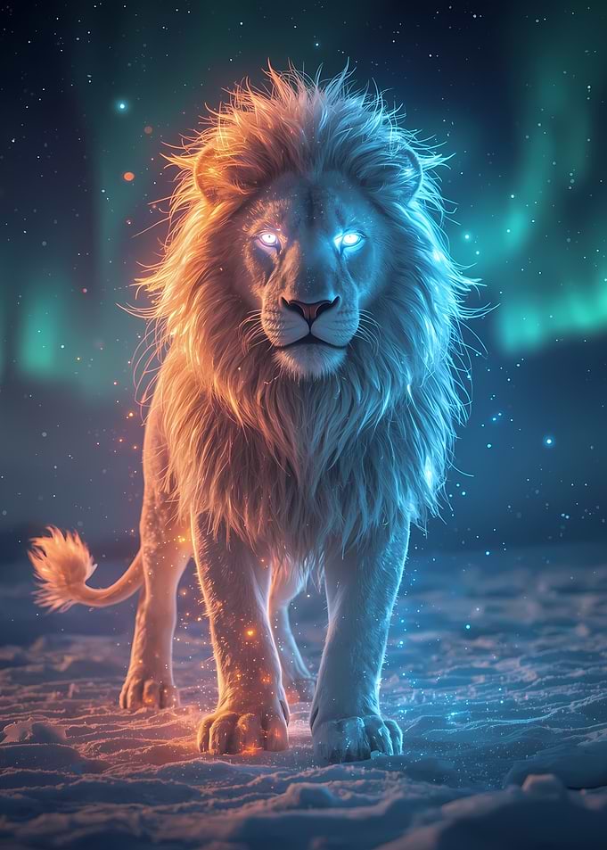 Glowing Lion in Snowy Landscape