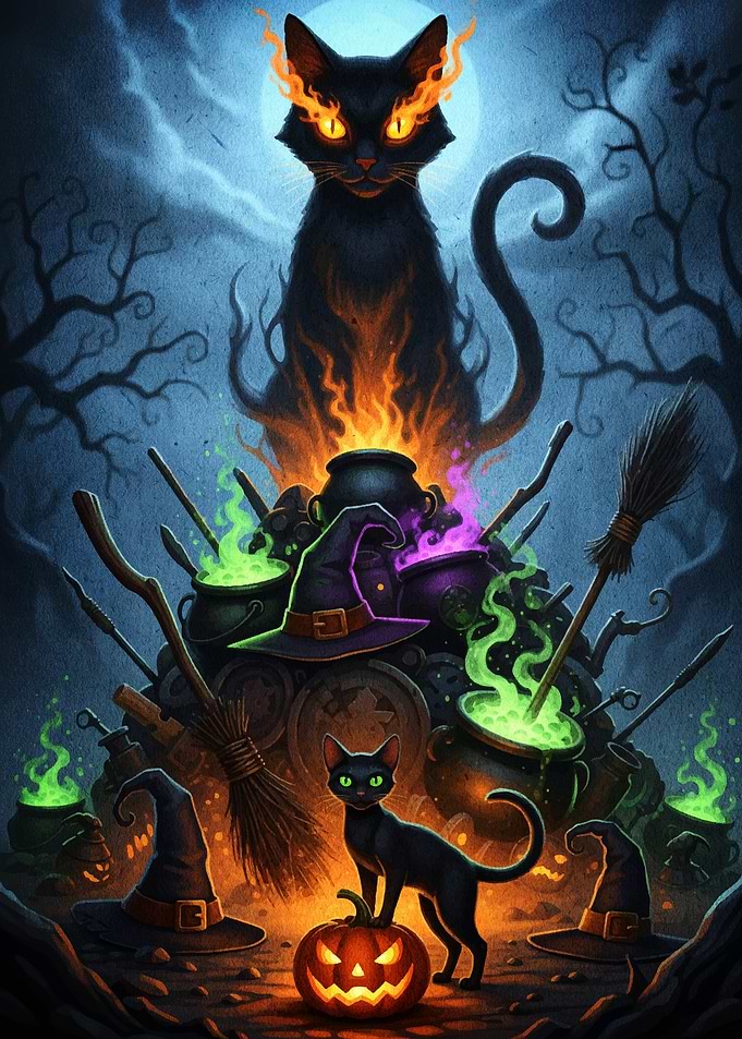 Halloween Cats and Witchcraft Scene