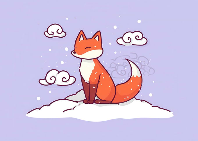 Cartoon Fox on Cloud with Snow