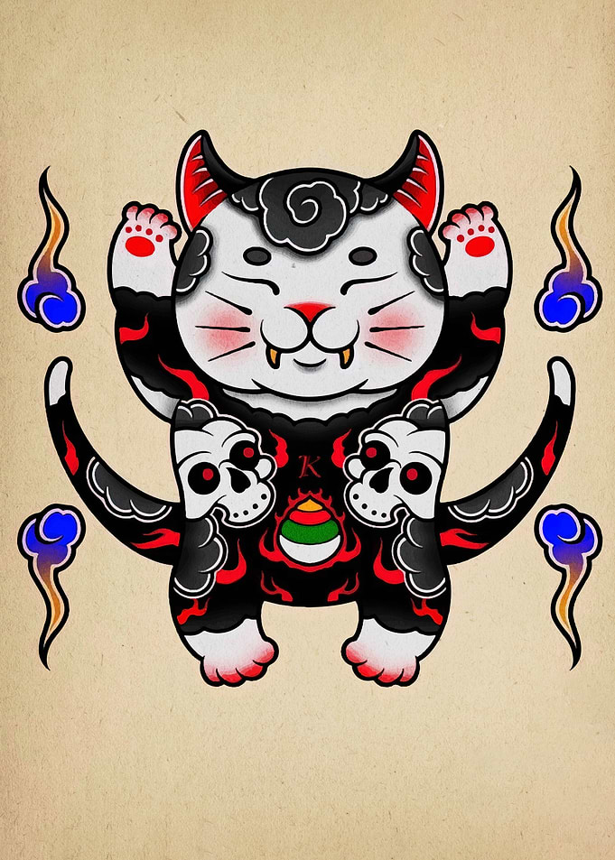 Maneki Neko Tattoo Style Illustration