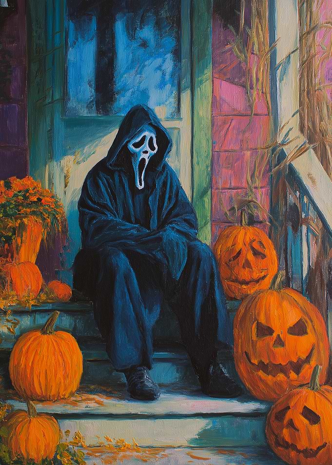 Ghostface on Steps with Pumpkins