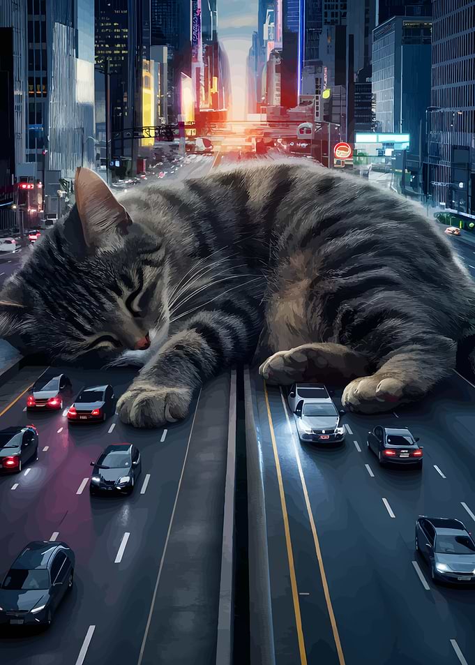 Giant Cat Sleeping on City Highway