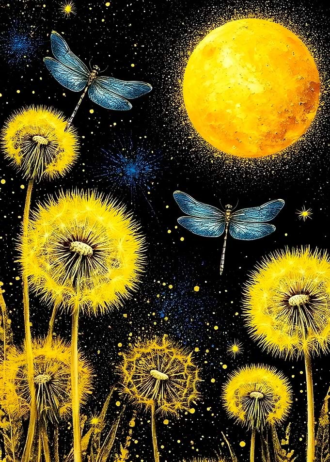 Dragonflies and Dandelions under a Yellow Moon