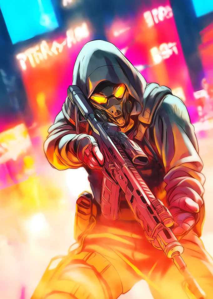 Futuristic Soldier with Rifle in Cityscape