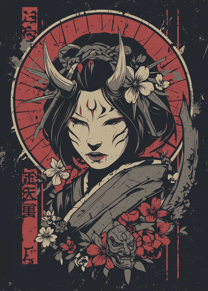 Oni Geisha with Mask and Flowers