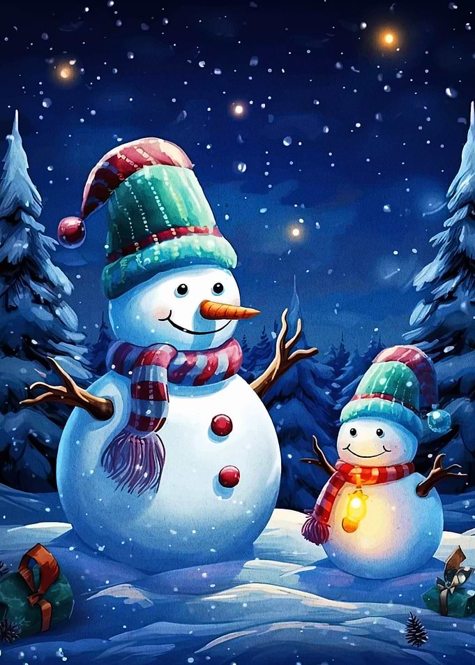 Snowman Family in Winter Wonderland