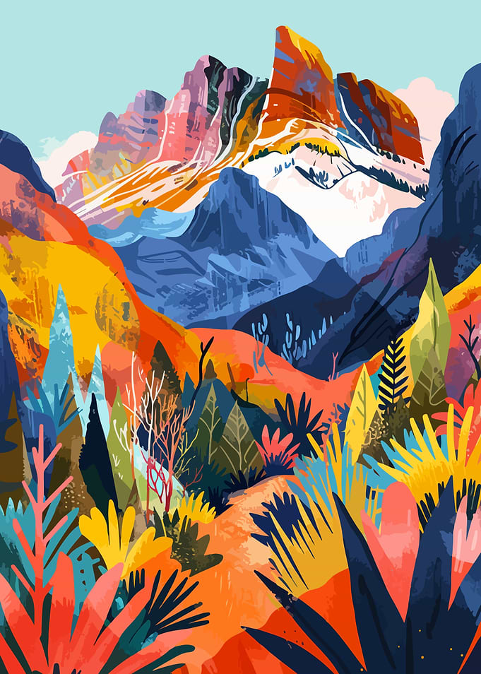 Colorful Abstract Autumn Mountain Minimalist Illustration Art