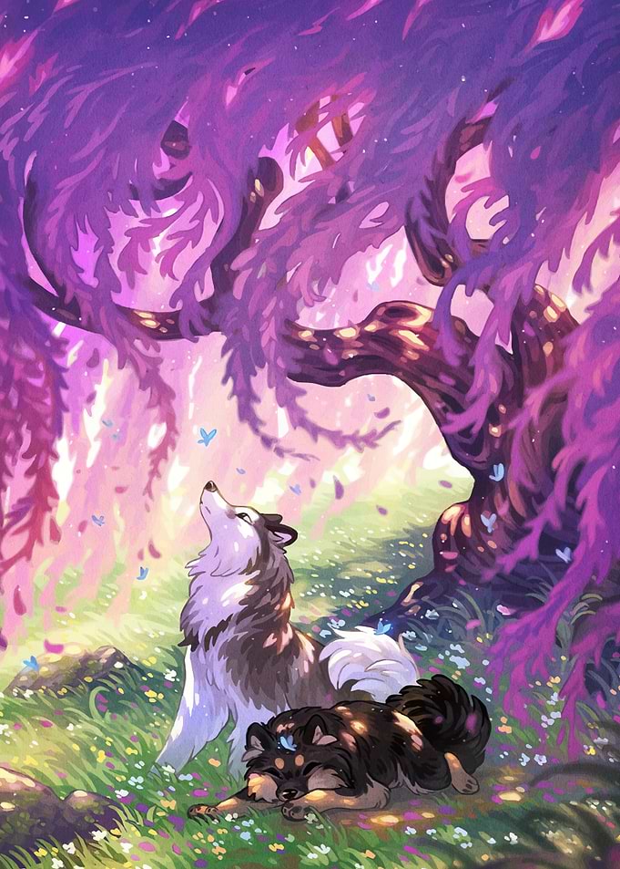Two Dogs Under Purple Tree