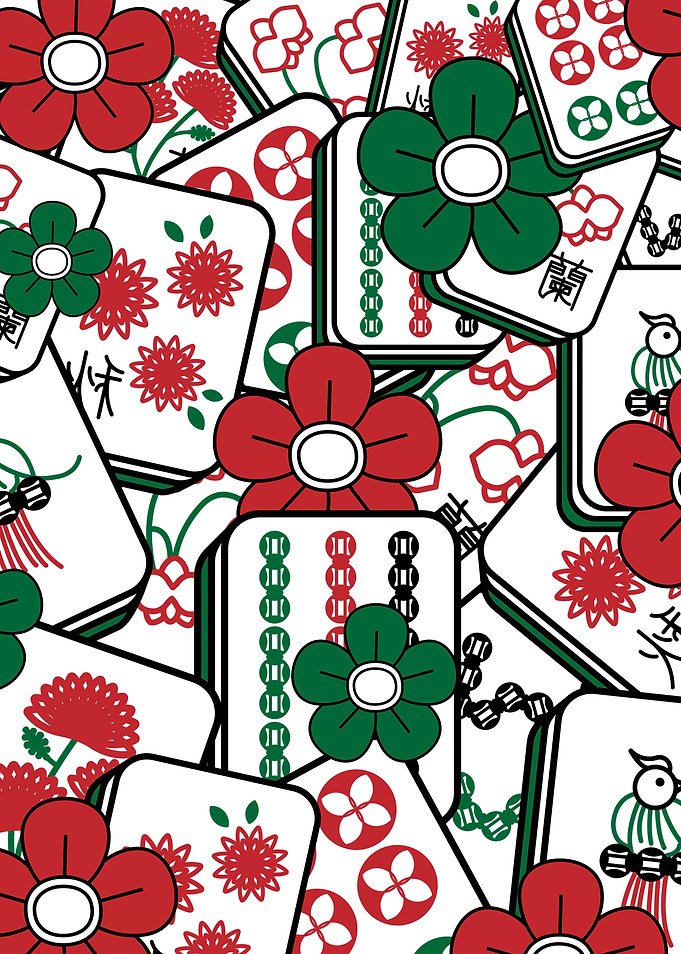 Mahjong Tiles and Flowers Pattern