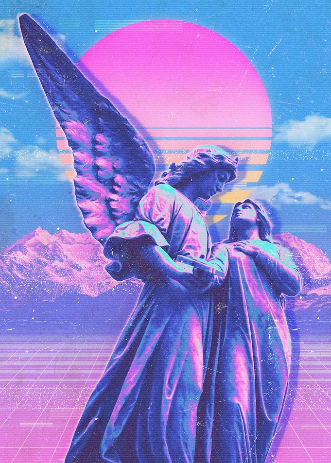 Vaporwave Angel Statue with Pink Sun