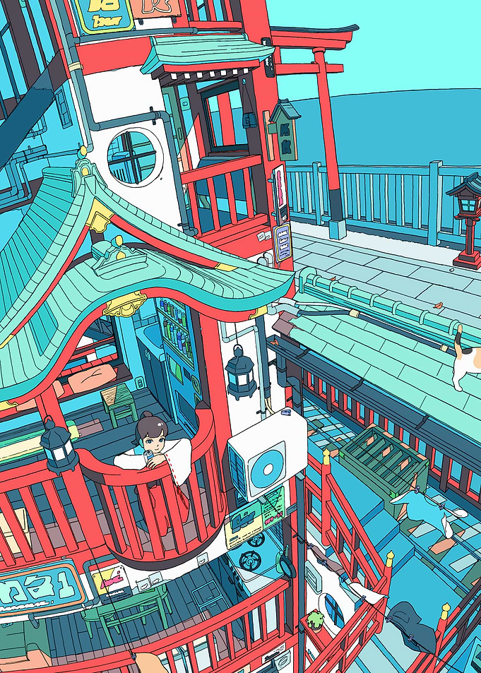 Japanese Townscape with Girl and Cats