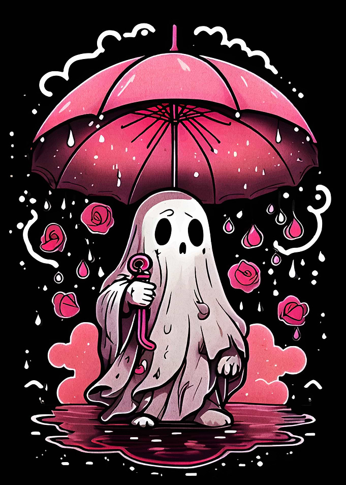 Cute Ghost with Pink Umbrella and Roses