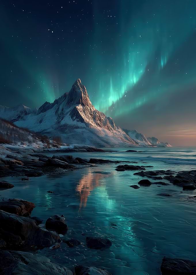 Aurora Borealis over Snowy Mountain Landscape
