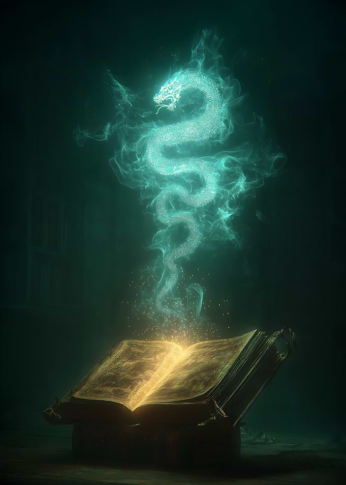 Mystical Dragon Emerging from Book