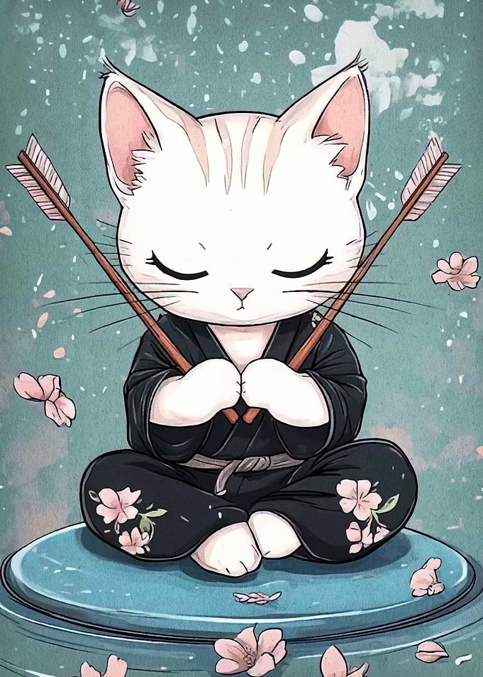 Meditating Cat Samurai with Arrows
