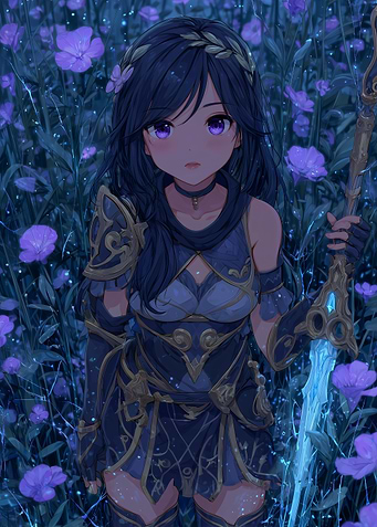 Anime Girl with Sword in Flower Field