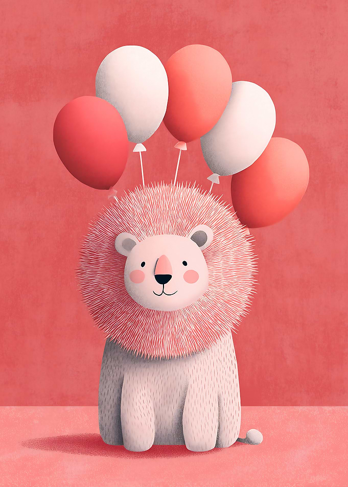 Cute Lion with Balloons Illustration