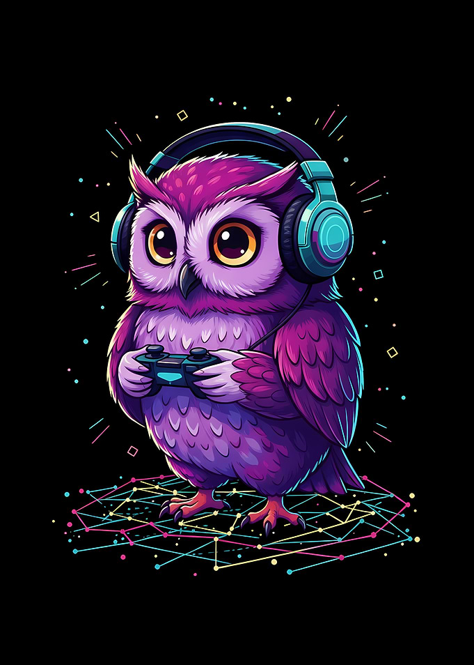 Gamer Owl with Headphones and Controller