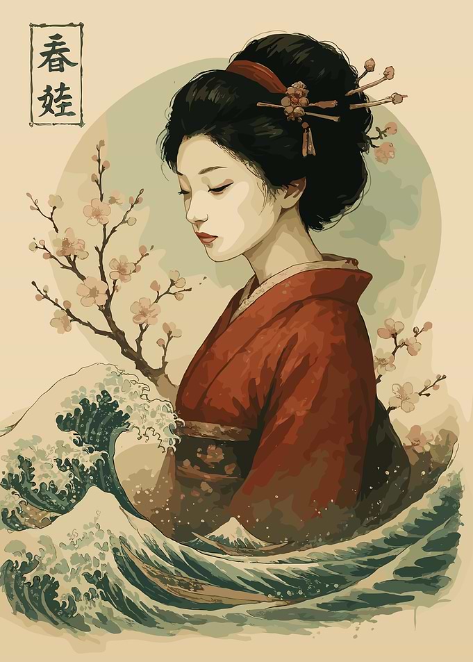 Geisha with Cherry Blossoms and Wave