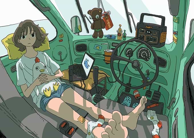 Girl Relaxing in Car Interior Illustration