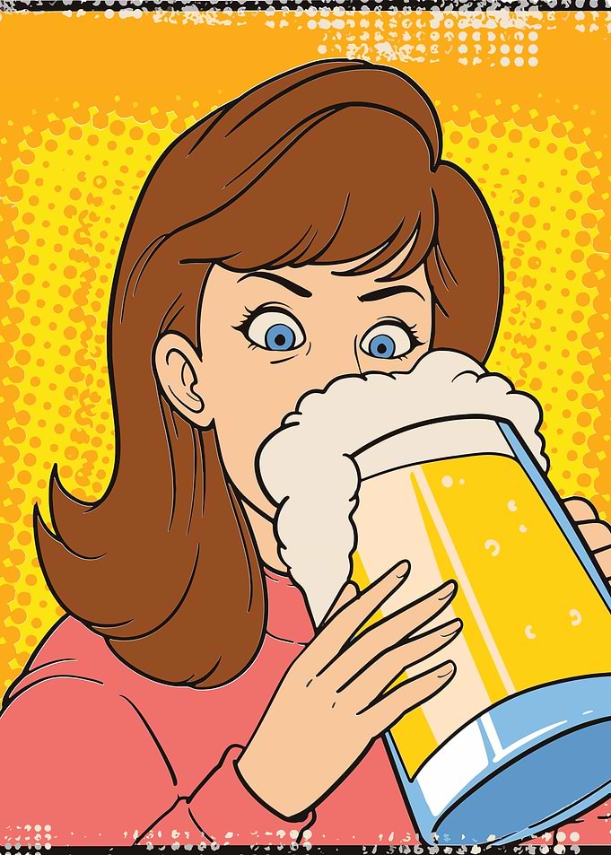 Woman drinking beer, pop art style