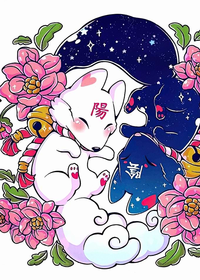 Yin Yang Foxes with Flowers