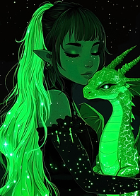Elf Girl with Dragon, Green Aesthetic