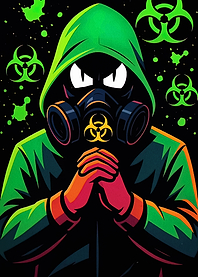 Hooded Figure with Gas Mask and Biohazard