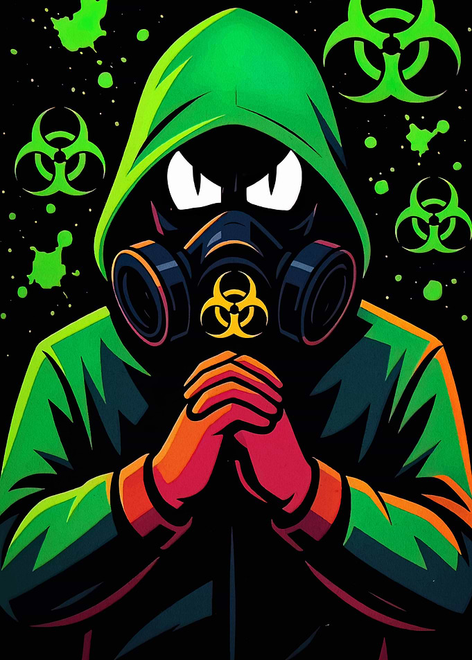 Hooded Figure with Gas Mask and Biohazard