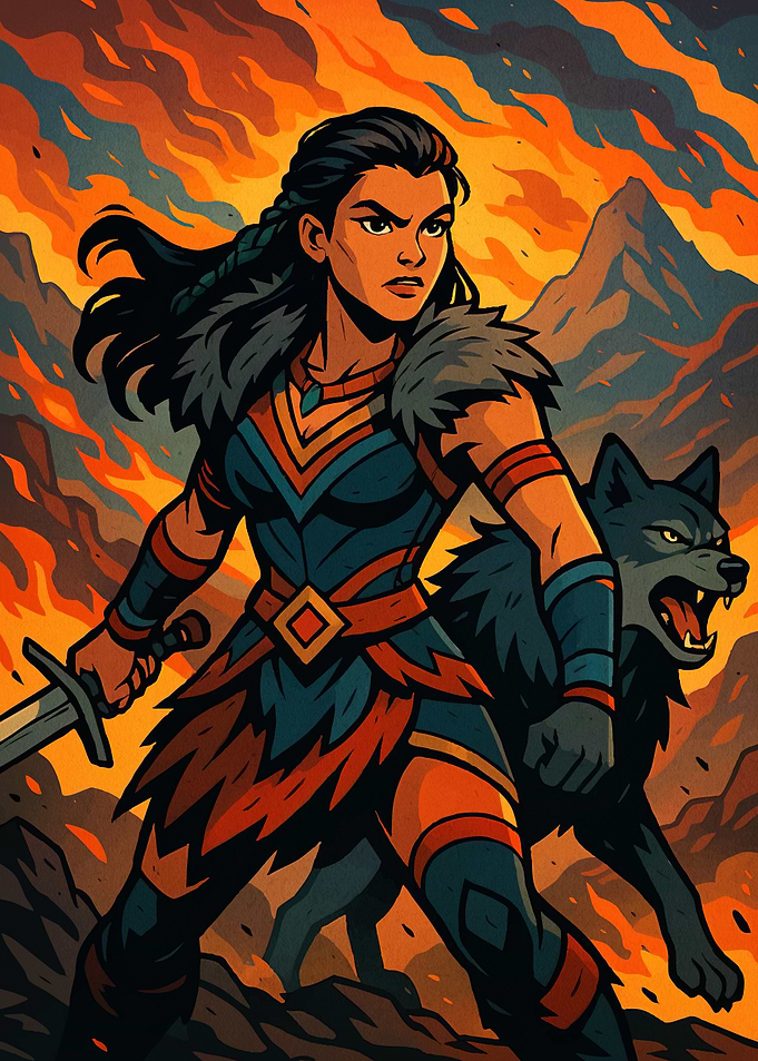 Warrior Woman Wolf Fiery
