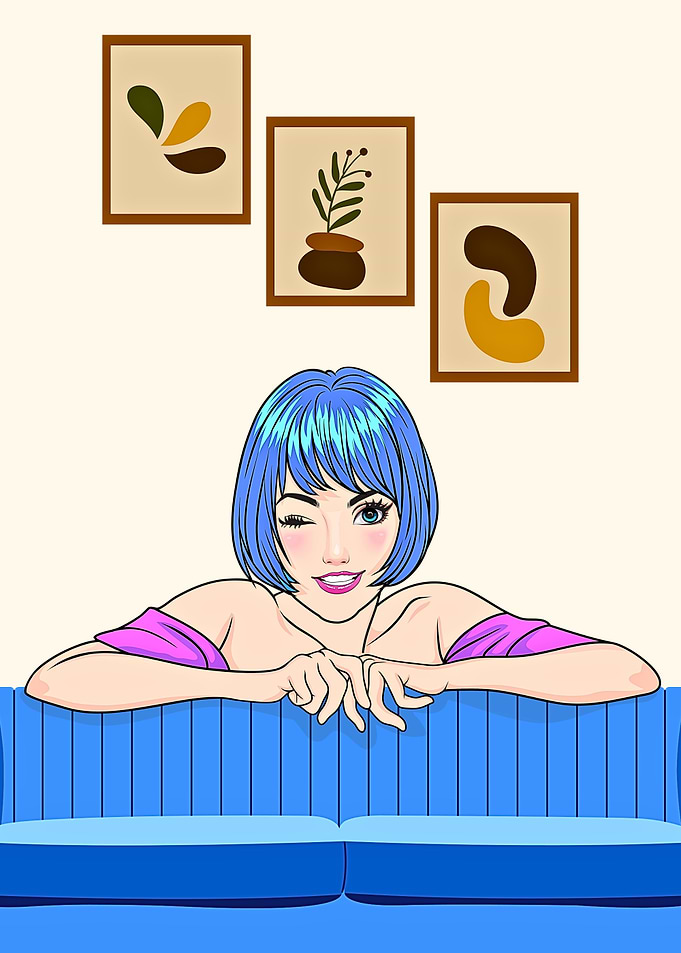 Winking Woman on Blue Couch Illustration