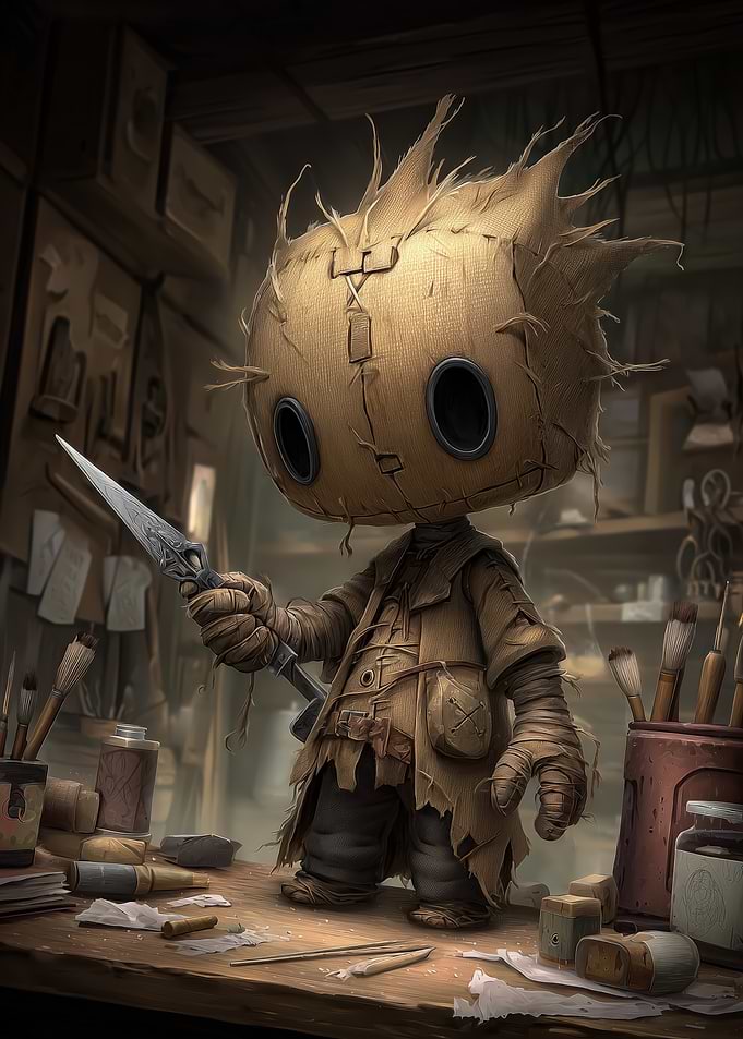 Burlap Doll with Knife in Workshop
