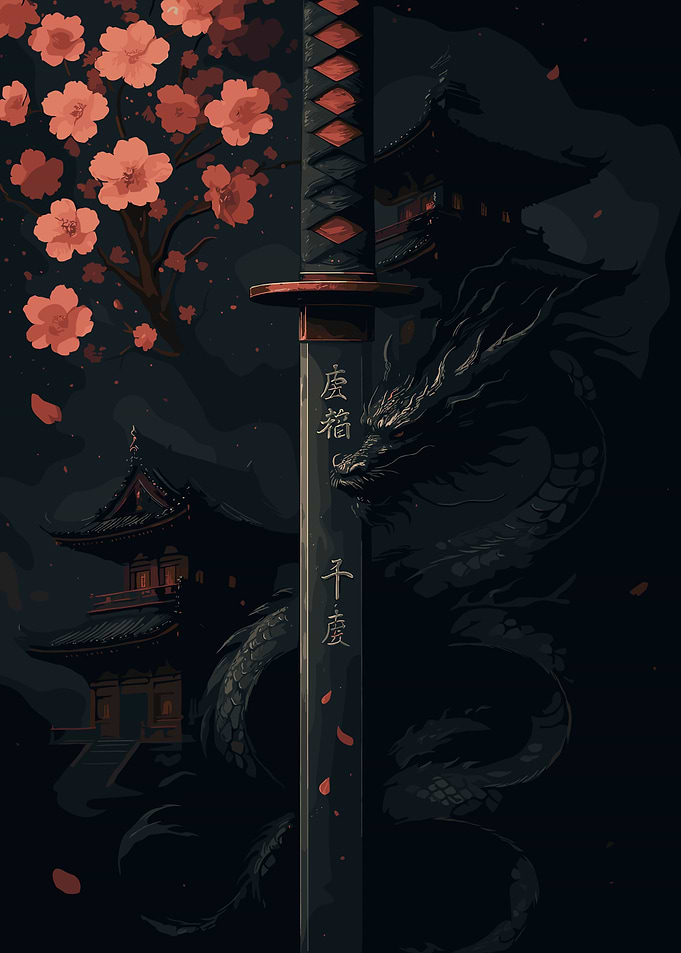 Katana, Dragon, and Cherry Blossoms Art