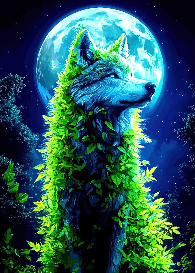 Wolf with leaves under the moon
