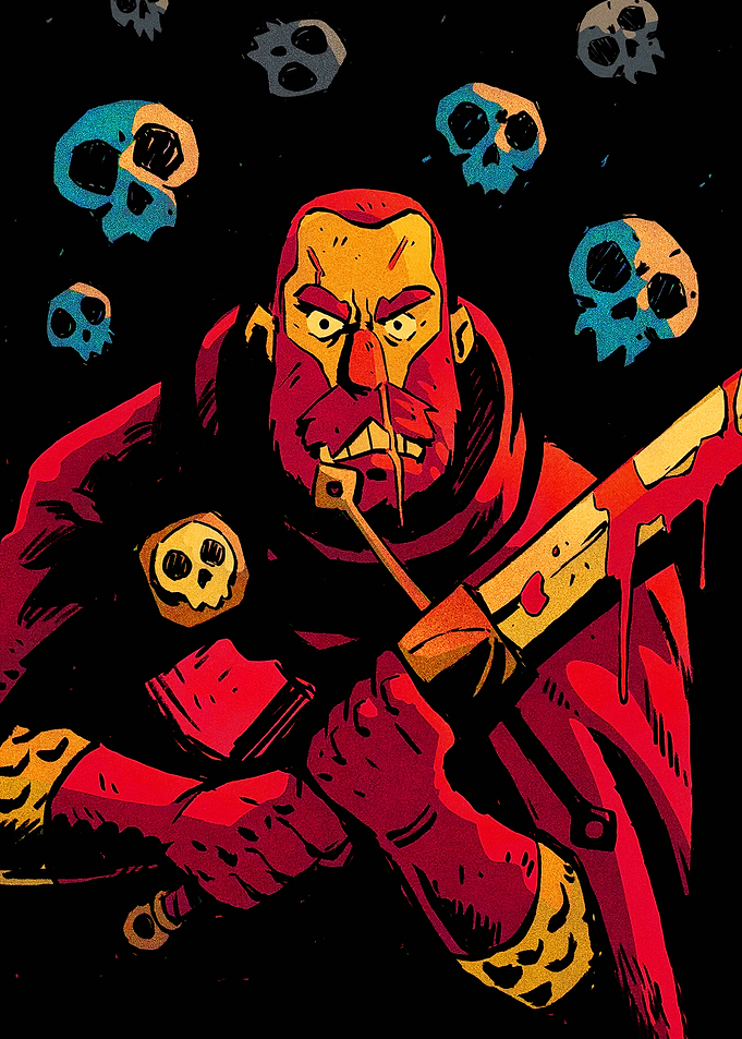 Red Warrior with Bloody Sword and Skulls
