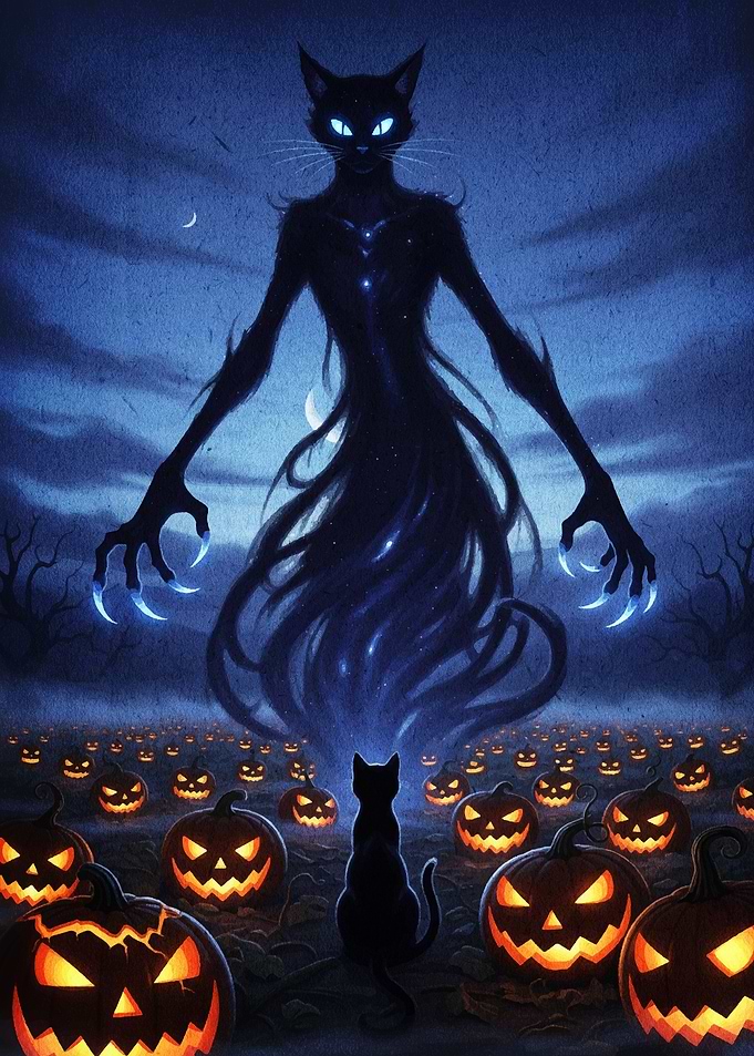 Halloween Cat Monster and Pumpkins