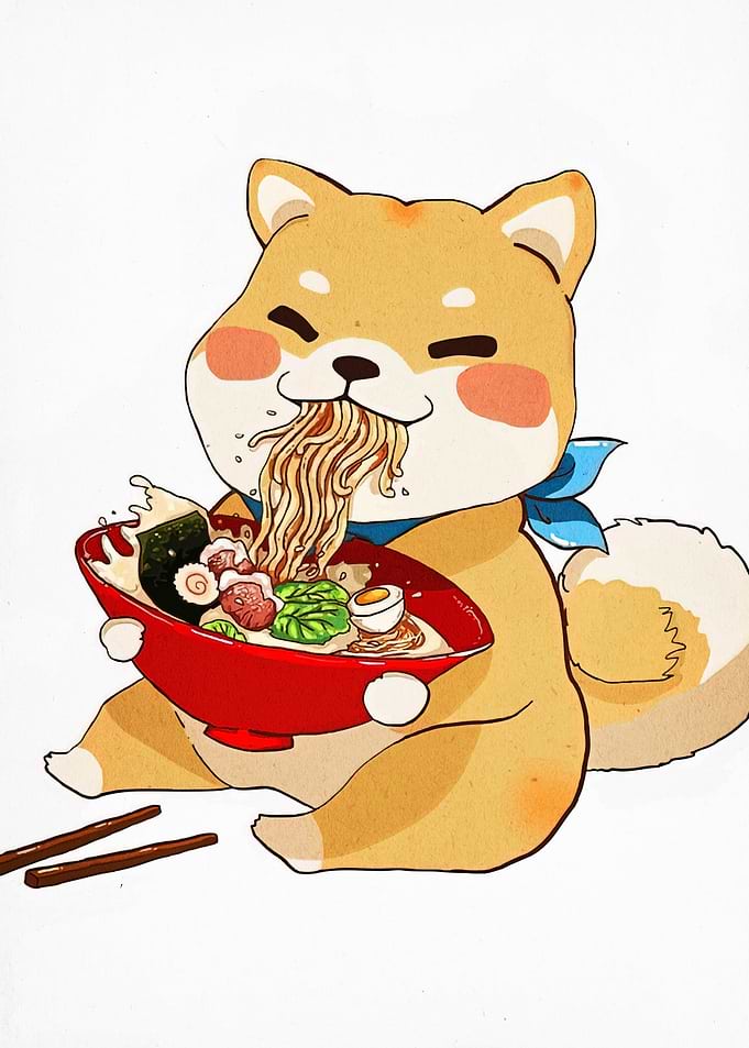 Shiba Inu eating ramen illustration