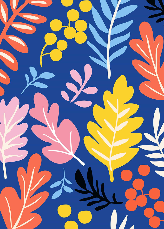Colorful Leaf Pattern on Blue Background