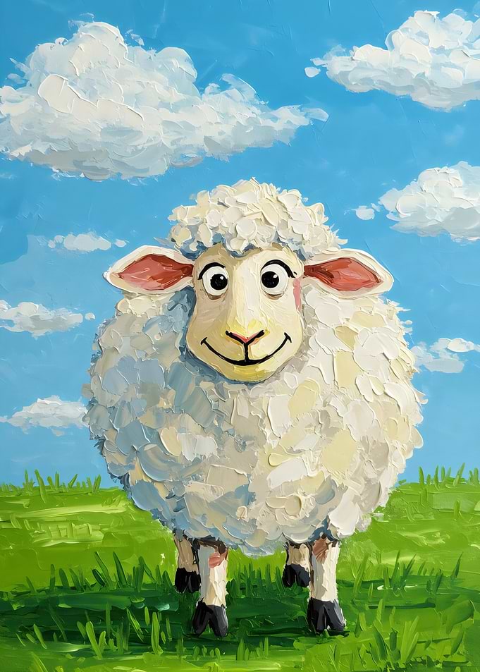 Cartoon Sheep in a Field Painting