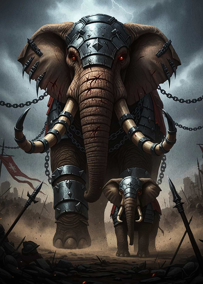 Armored War Elephants in Battlefield Scene