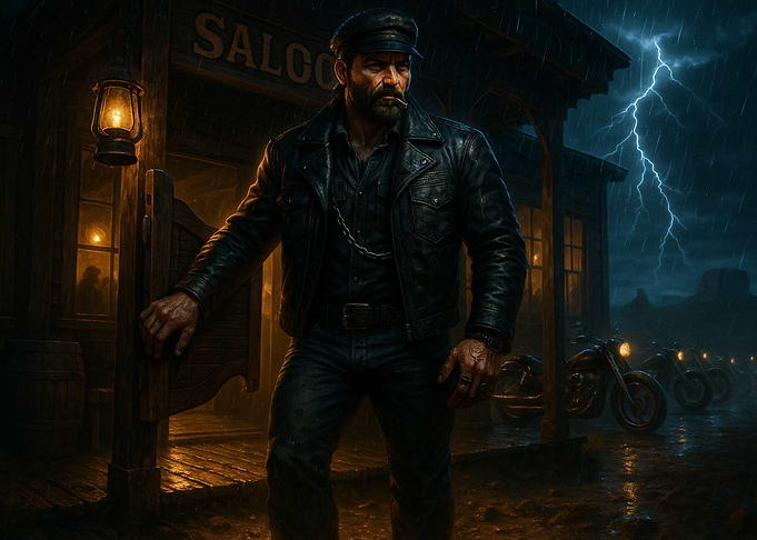 Biker at Saloon in Stormy Weather