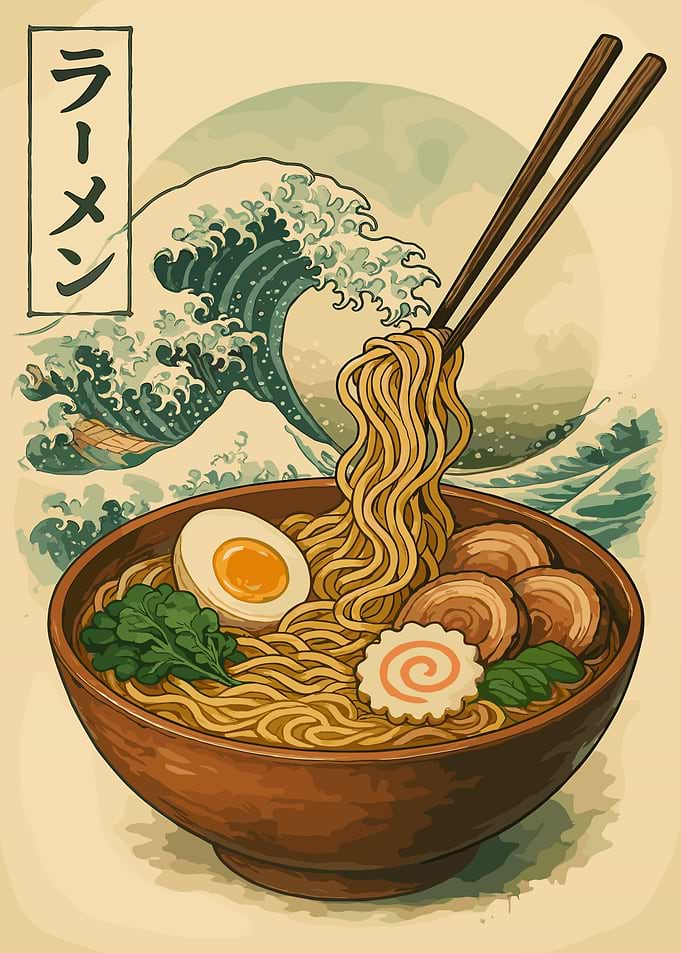Ramen Bowl with Great Wave Background