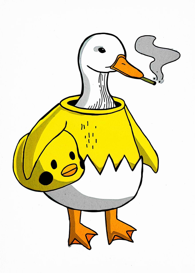 Duck smoking with chick accessory