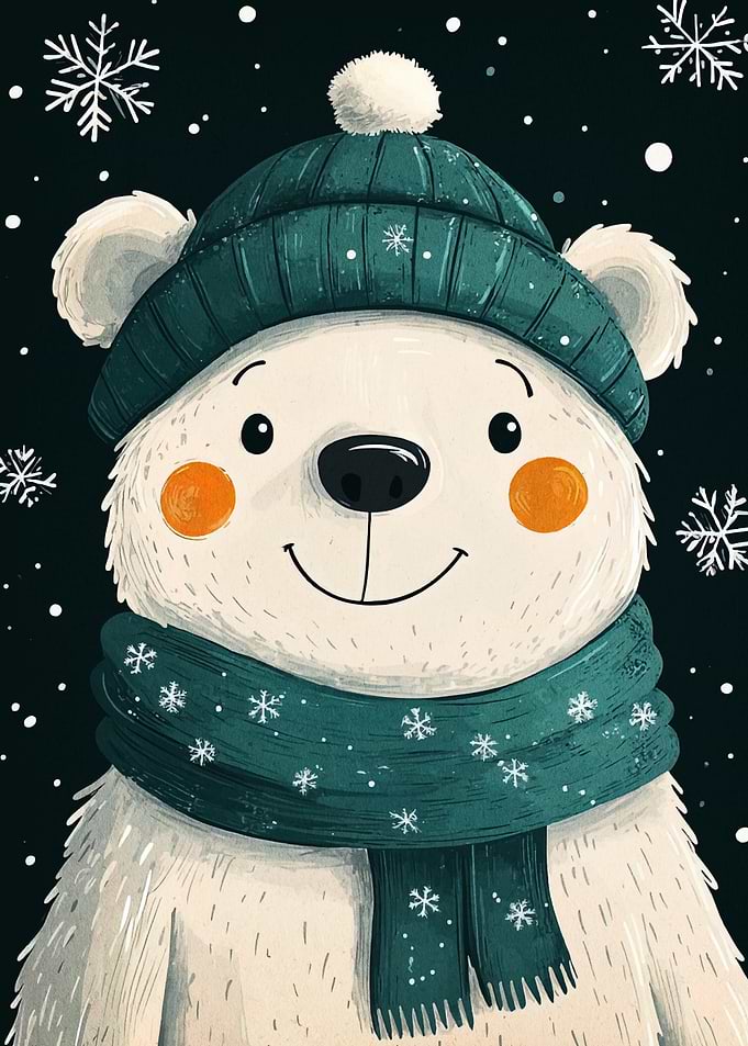 Winter Polar Bear with Hat and Scarf