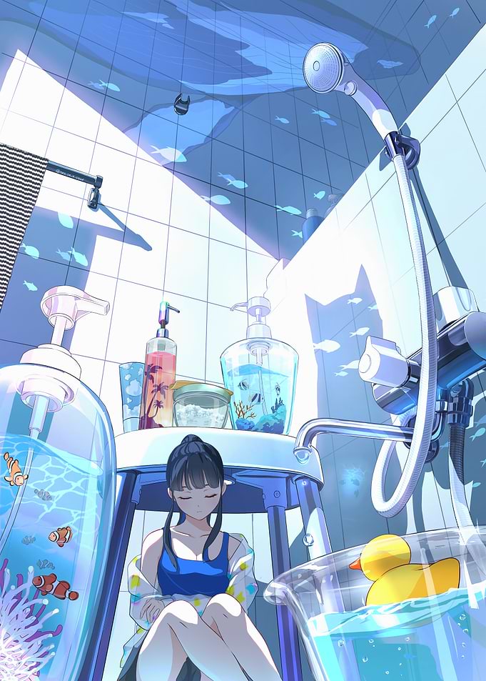 Anime Girl in Bathroom with Rubber Duck