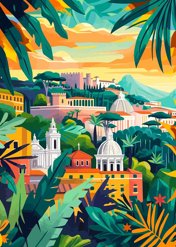 Rome Italy Tropical Mediterranean Scenery Minimalist Abstract Art Illustration