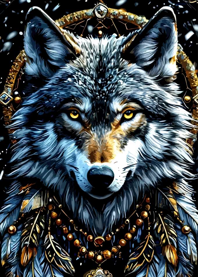 Wolf Portrait with Dreamcatcher Elements