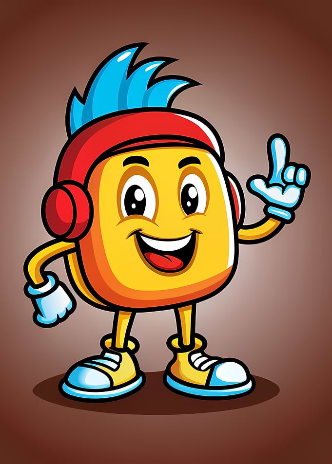 Cheerful Yellow Mascot with Headphones — Pointing Up Cartoon Character