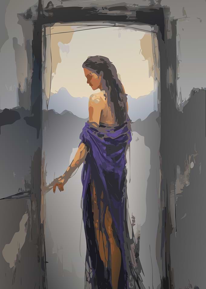 Woman in Purple Dress by Doorway